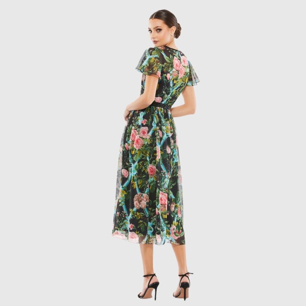 Mac Duggal Floral Illusion Cap Sleeve Midi Dress Black Multi Sheer NWT Size 4 - Picture 7 of 10